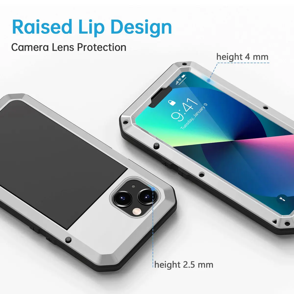 Lanhiem Metal Case for iPhone 13 6.1 inch with Built-in Glass Screen Protector, Silver | Heavy Duty Shockproof Rugged Defender - view 4