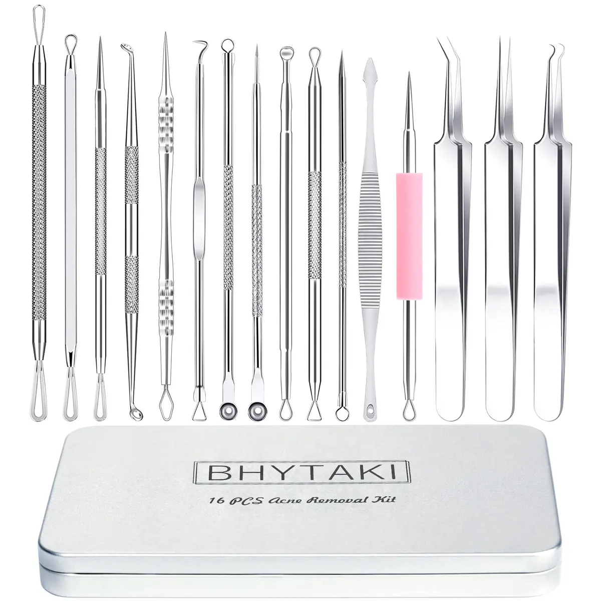 BHYTAKI 16 PCS Blackhead Remover Tools with Metal Box | Professional Stainless Steel Pimple Extractor Kit - main product image