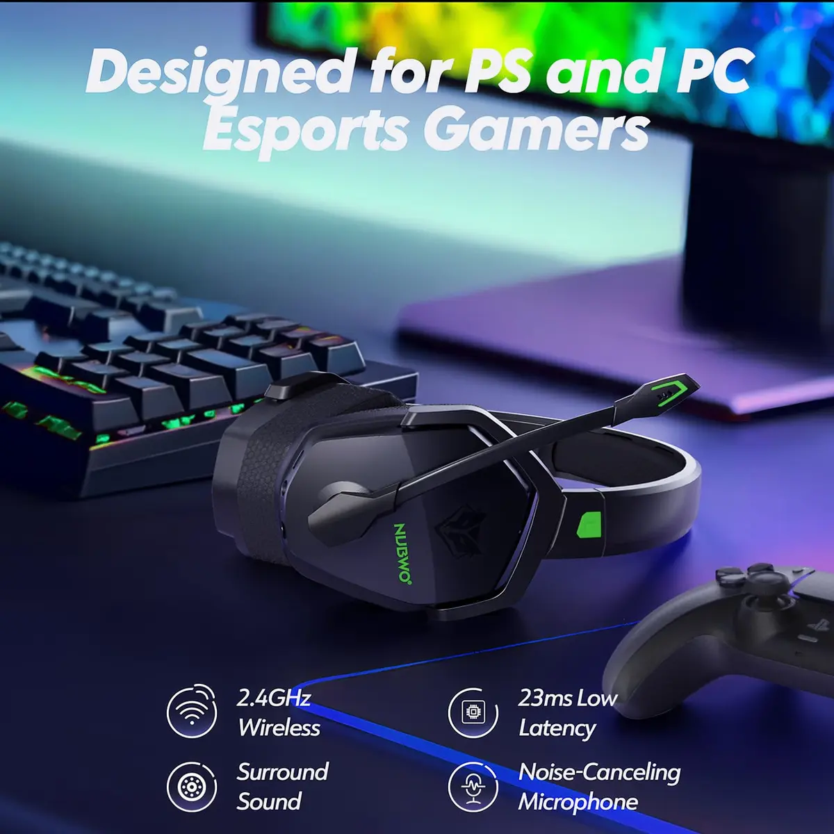 NUBWO G06 Dual Wireless Gaming Headset with Microphone for PS5, PS4, PC - 23ms Low Latency Audio - 100-Hour of Playtime - 50mm Drivers (Black-Green) - view 2
