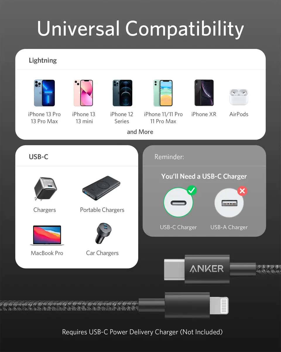 Anker Nylon USB C to Lightning Cable, MFi-Certified, 1 ft, Black | Durable Nylon Exterior & Fast Charging - view 3