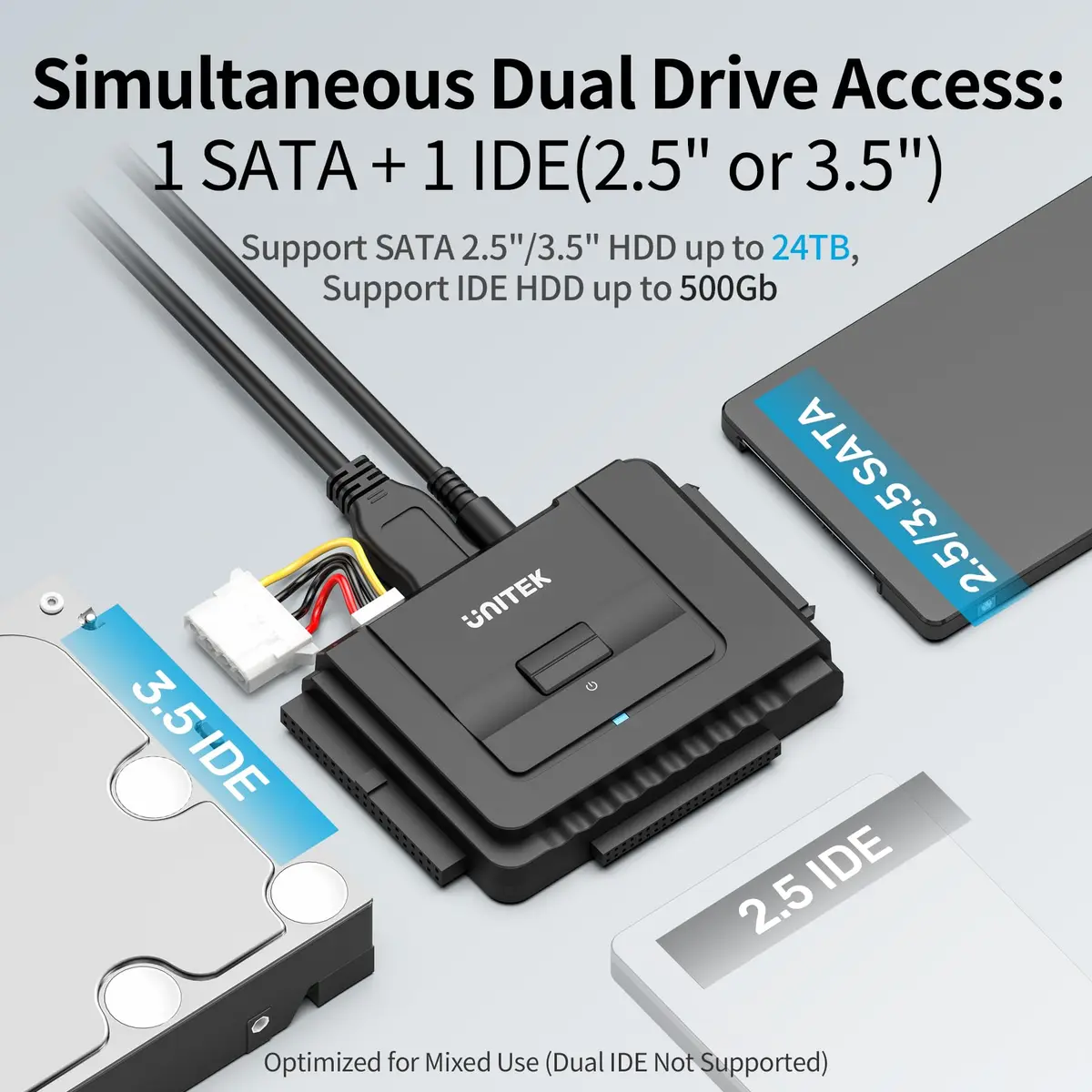 Unitek USB-C IDE/SATA Adapter for 2.5/3.5" HDD/SSD | Dual-Drive Support, 6Gbps - view 2
