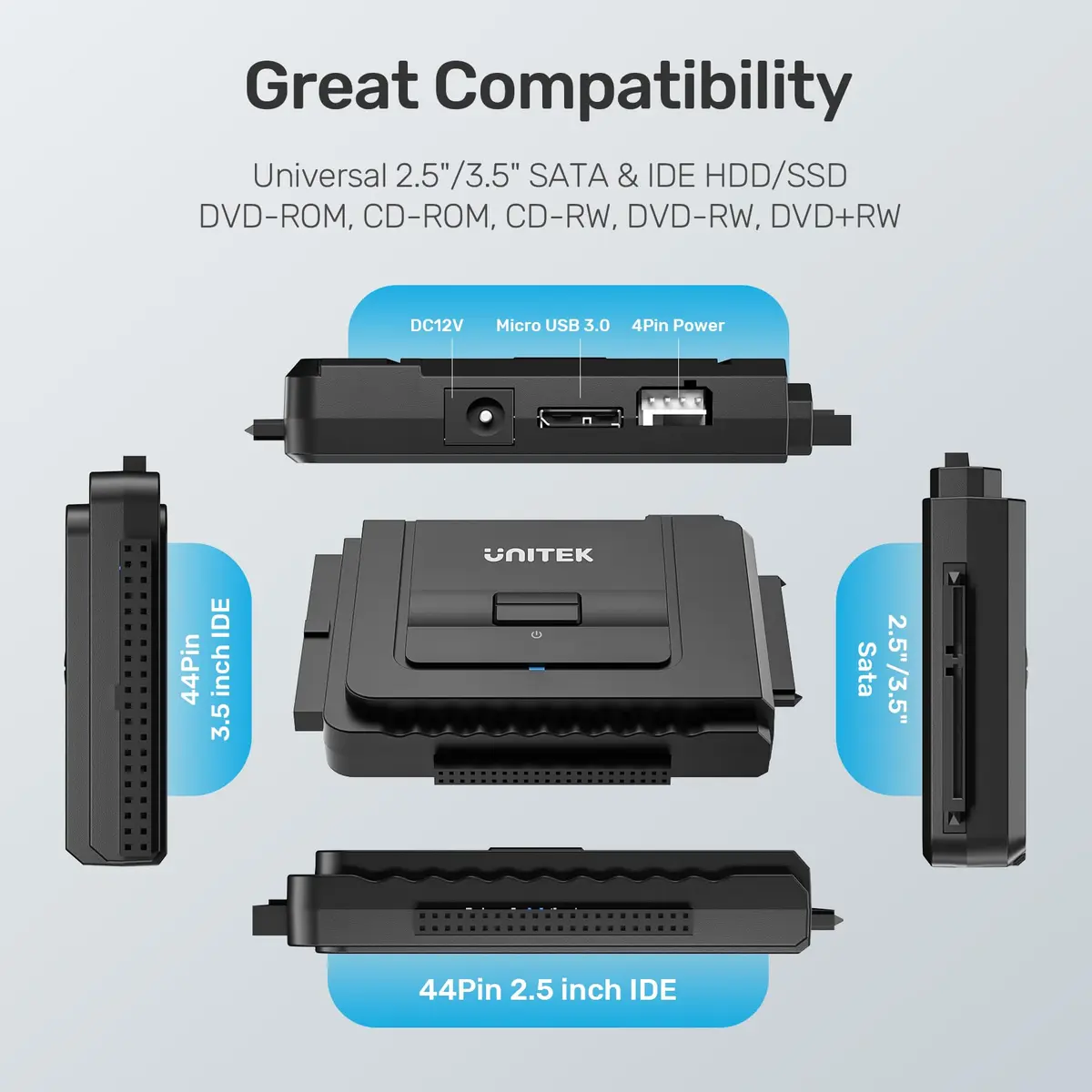Unitek USB-C IDE/SATA Adapter for 2.5/3.5" HDD/SSD | Dual-Drive Support, 6Gbps - view 4