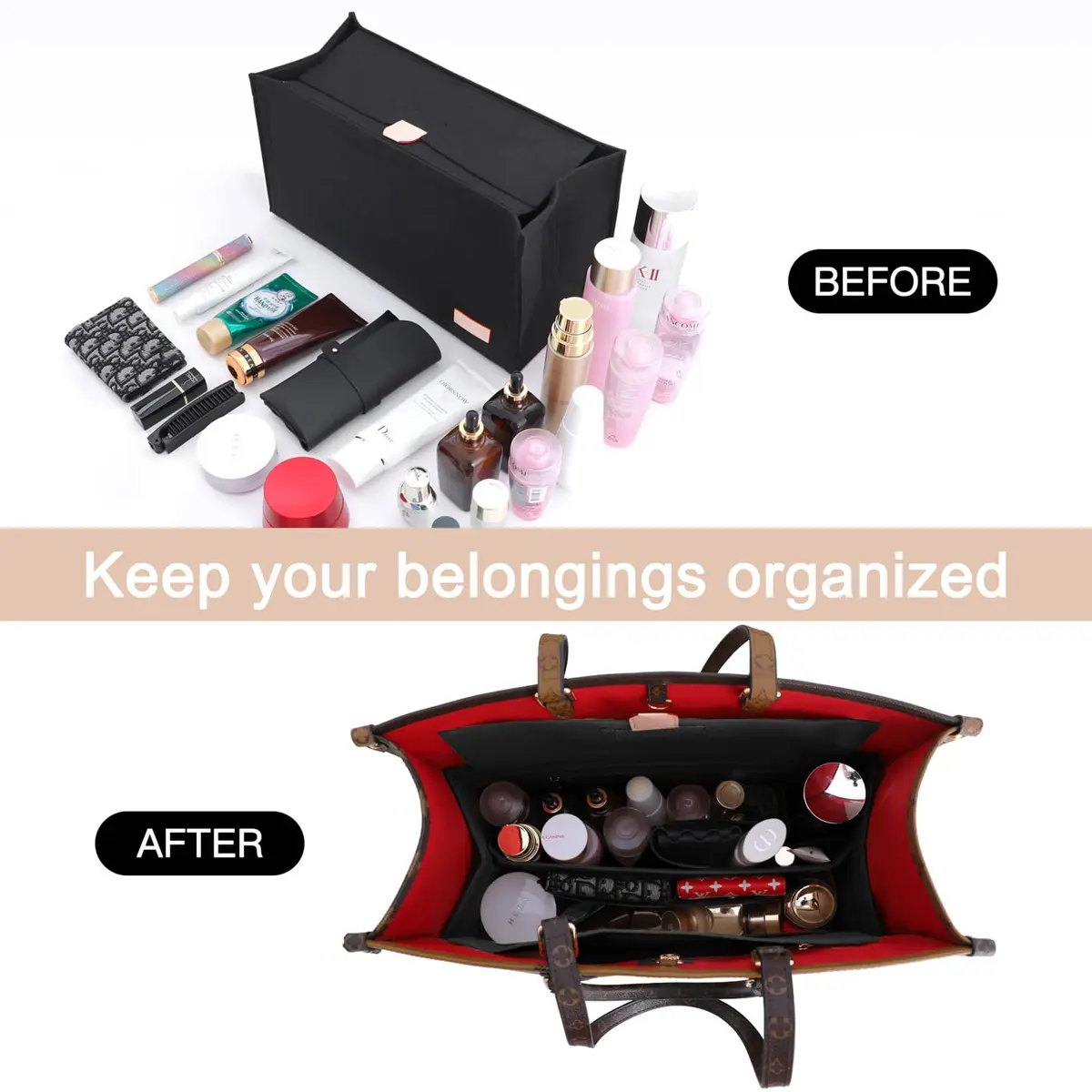 Doxo Felt Purse Organizer Insert for LV On The Go GM, With Cover, Black | 38 cm (15" W x 7" H x 8" D) Bag Organizer - view 4