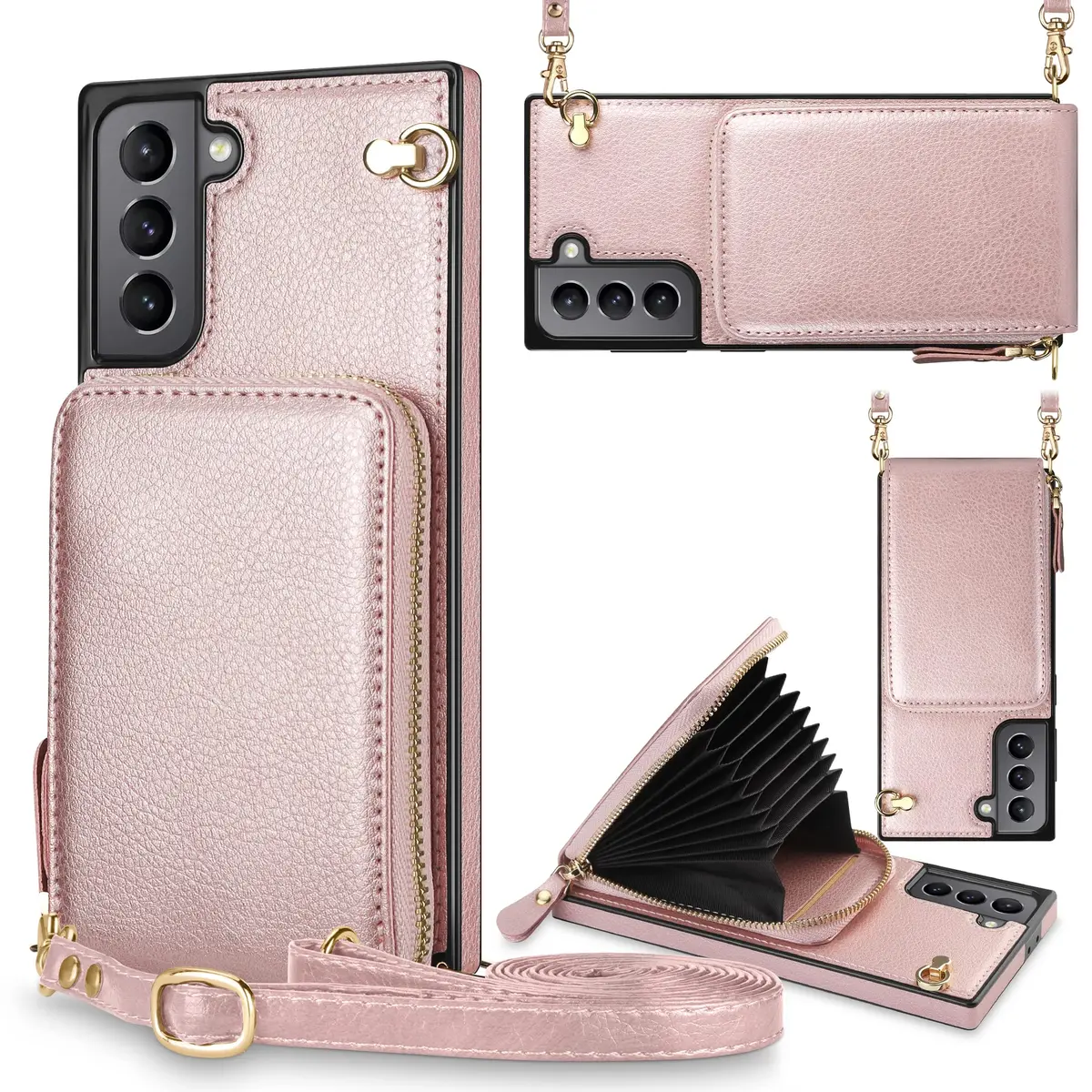 JAKPDE Wallet Case for Samsung Galaxy S21 6.2 inch | Card Holder & Crossbody Lanyard (Rose Gold) - main product image