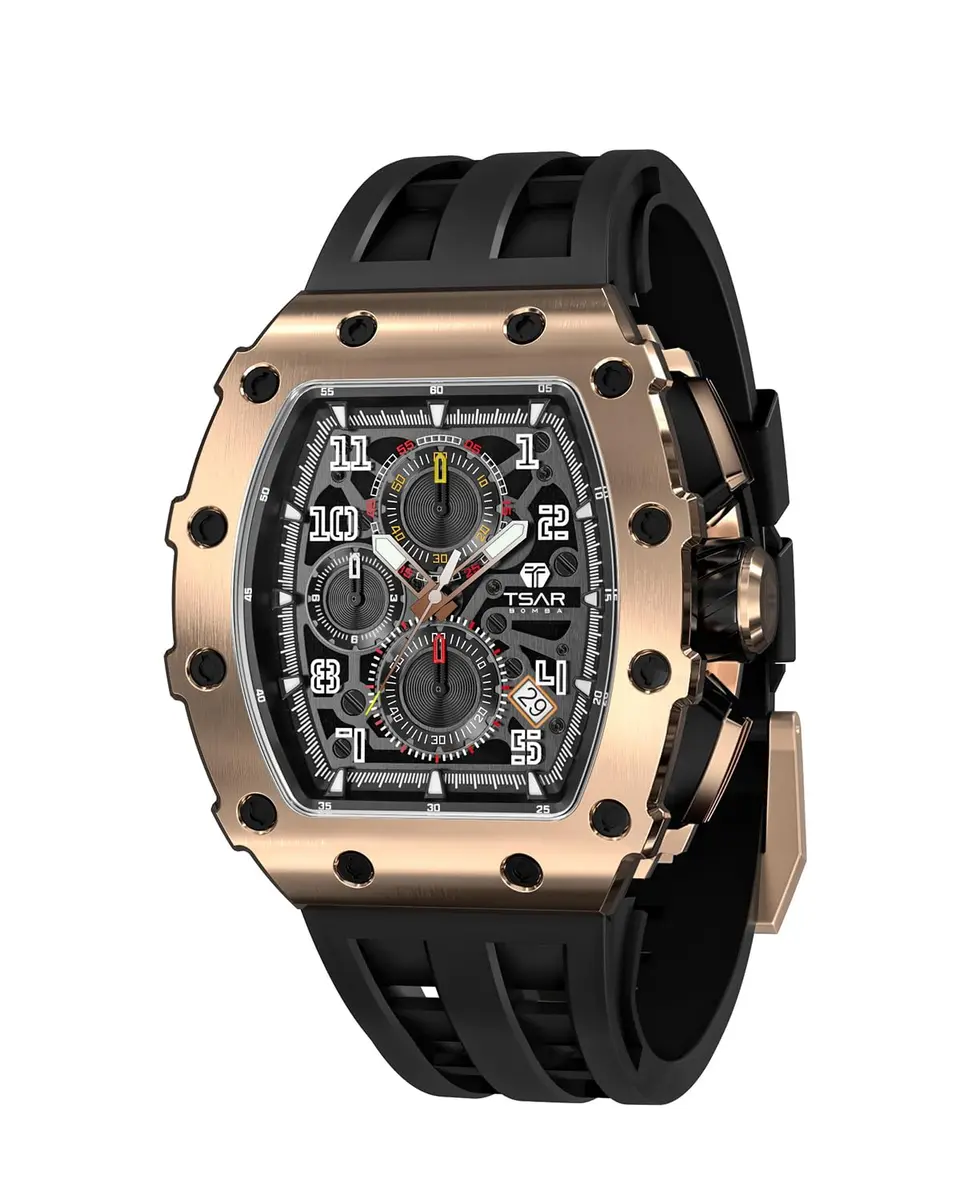 TSAR BOMBA Men's Quartz Wristwatch Waterproof 50M | Classic Tonneau Design, Black-Gold - main product image