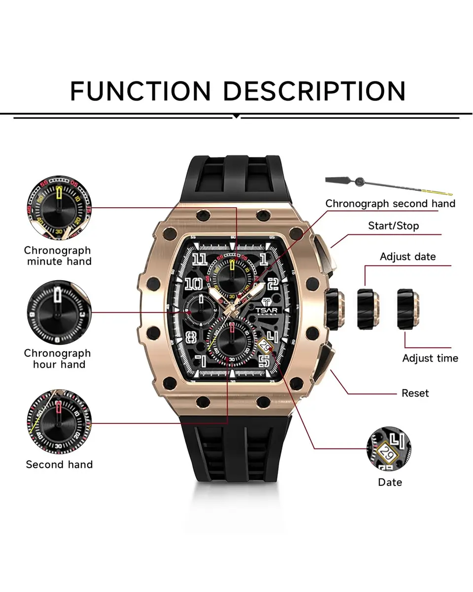 TSAR BOMBA Men's Quartz Wristwatch Waterproof 50M | Classic Tonneau Design, Black-Gold - view 6