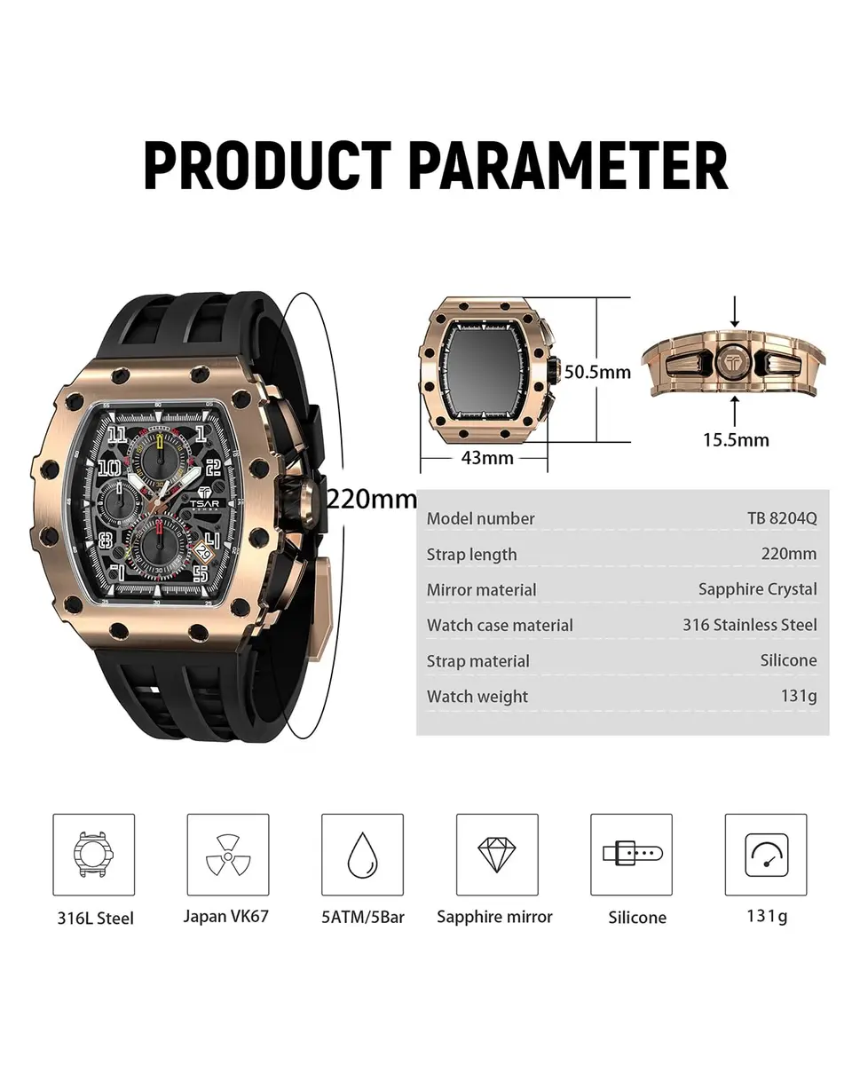 TSAR BOMBA Men's Quartz Wristwatch Waterproof 50M | Classic Tonneau Design, Black-Gold - view 7