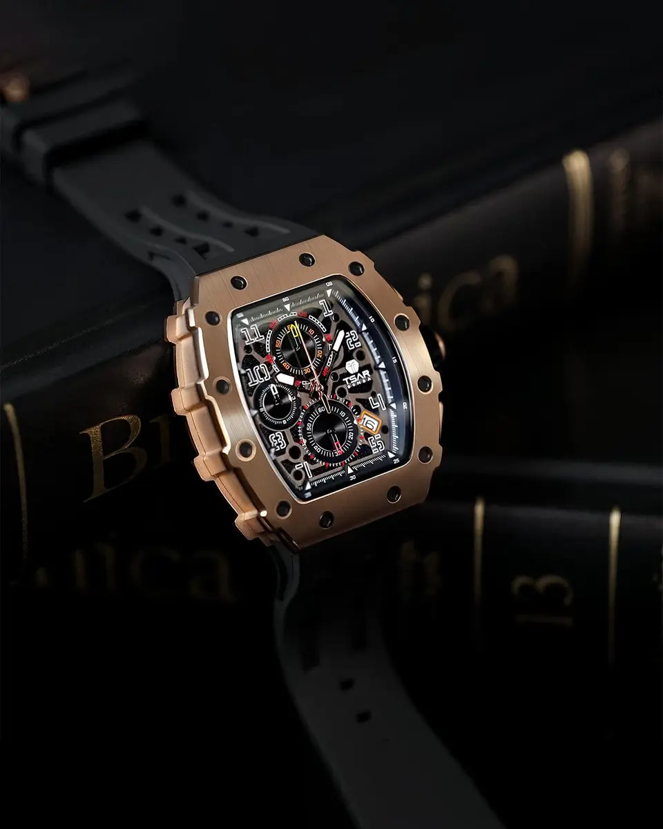 TSAR BOMBA Men's Quartz Wristwatch Waterproof 50M | Classic Tonneau Design, Black-Gold - view 8