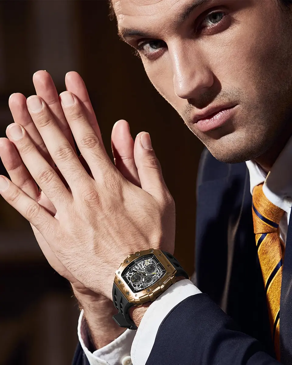 TSAR BOMBA Men's Quartz Wristwatch Waterproof 50M | Classic Tonneau Design, Black-Gold - view 2