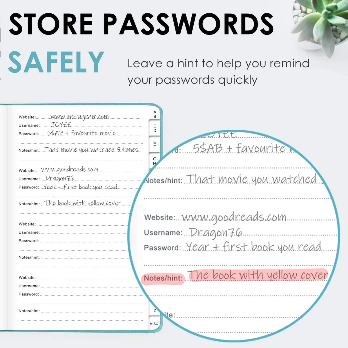 JXSELECT Password Book with Alphabetical Tabs - Hardcover Password Organizer 5.2" x 7.6" | Secure Password Keeper - view 5