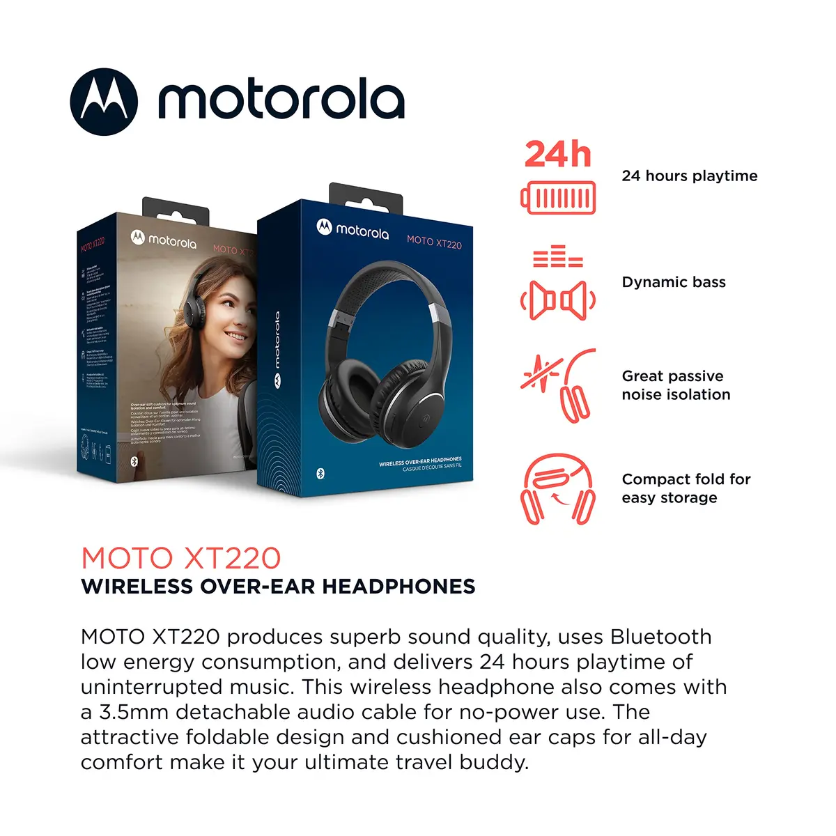 Motorola Sound Moto XT220 Bluetooth Wireless Headphones with Mic, Foldable Over-Ear, 40mm Drivers | Black - view 2