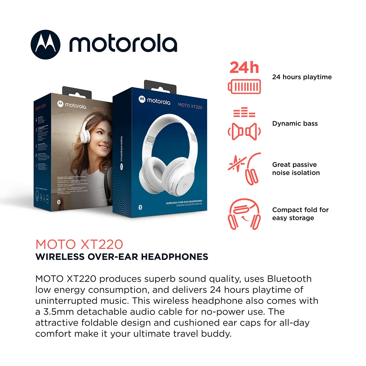 Motorola Sound Moto XT220 Wireless Headphones with Microphone, Foldable Over-Ear, Adjustable Headband, Dynamic Bass, White - view 2