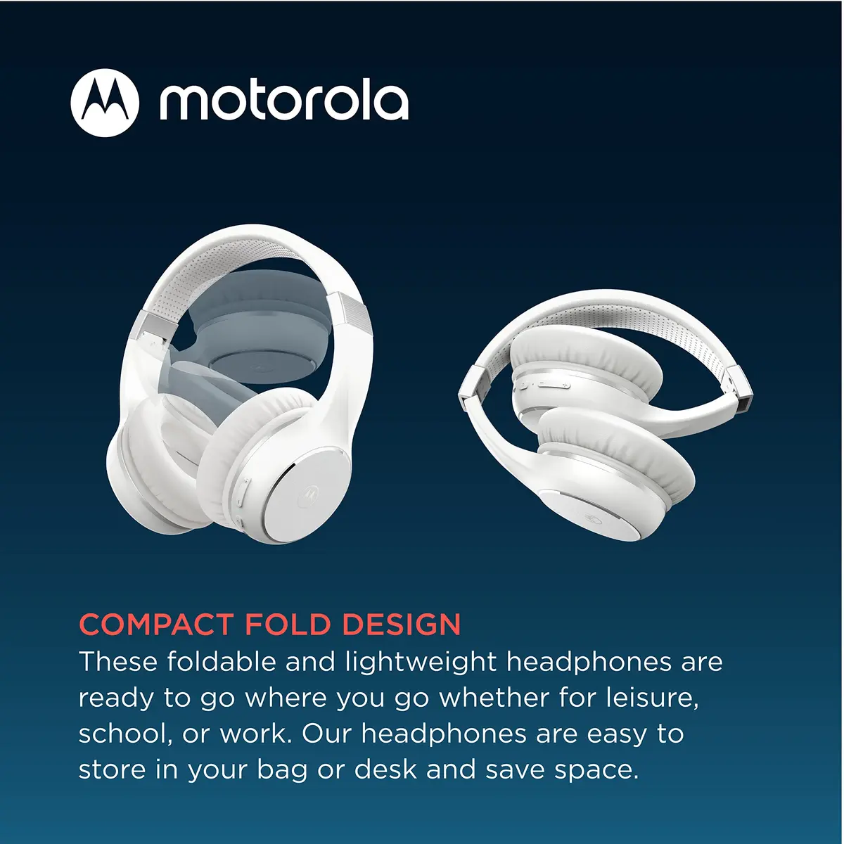 Motorola Sound Moto XT220 Wireless Headphones with Microphone, Foldable Over-Ear, Adjustable Headband, Dynamic Bass, White - view 3