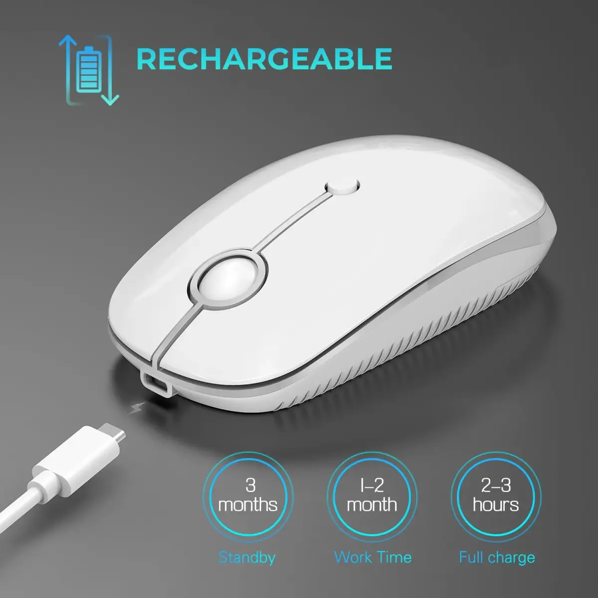 VssoPlor Type-C Wireless Mouse, USB C MacBook Wireless Mouse, White Silver | 3-Level DPI Adjustable, Rechargeable, Quiet Click - view 4