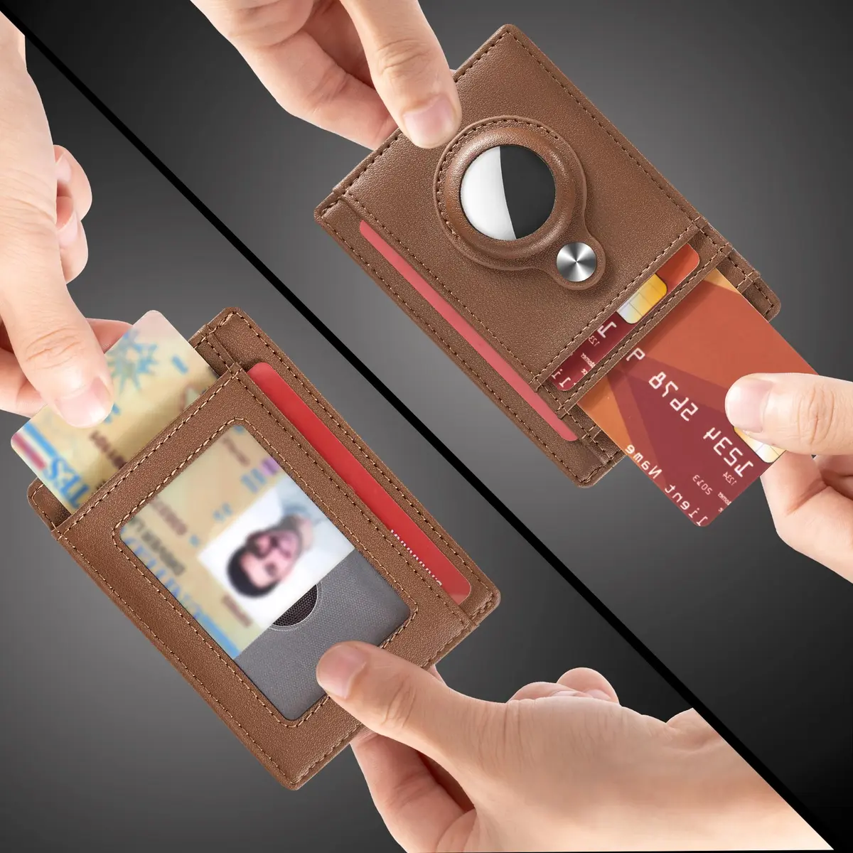 Hawanik Slim Minimalist Front Pocket Air Tag Wallet Thin Card Holder Wallet | RFID Protected, Brown Leather, 3.3" x 4.1" - view 2