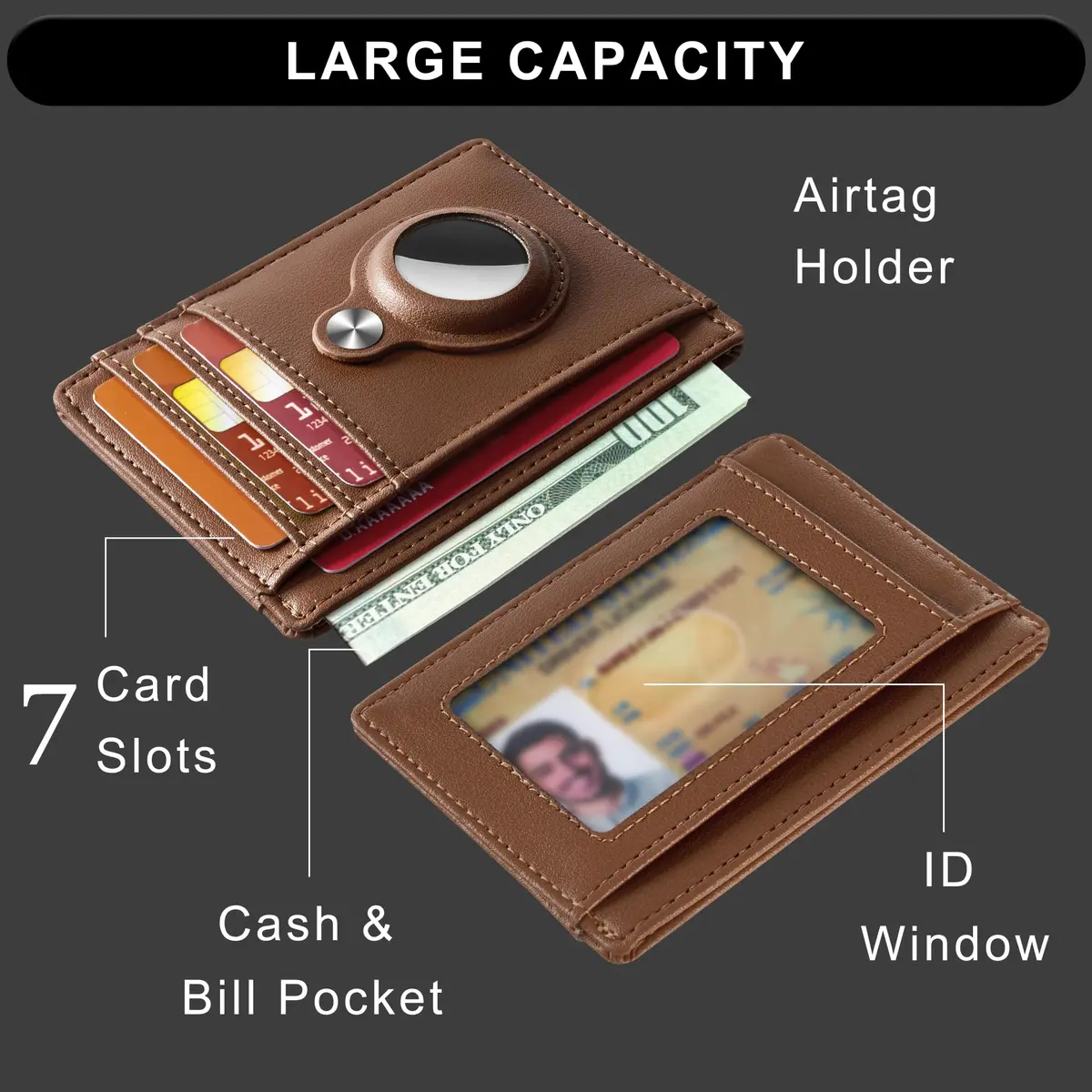 Hawanik Slim Minimalist Front Pocket Air Tag Wallet Thin Card Holder Wallet | RFID Protected, Brown Leather, 3.3" x 4.1" - view 3
