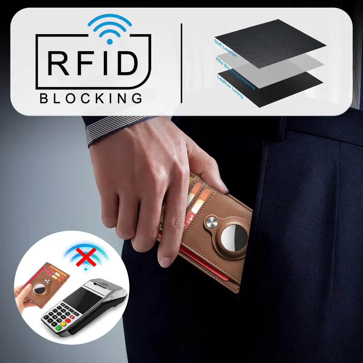 Hawanik Slim Minimalist Front Pocket Air Tag Wallet Thin Card Holder Wallet | RFID Protected, Brown Leather, 3.3" x 4.1" - view 4