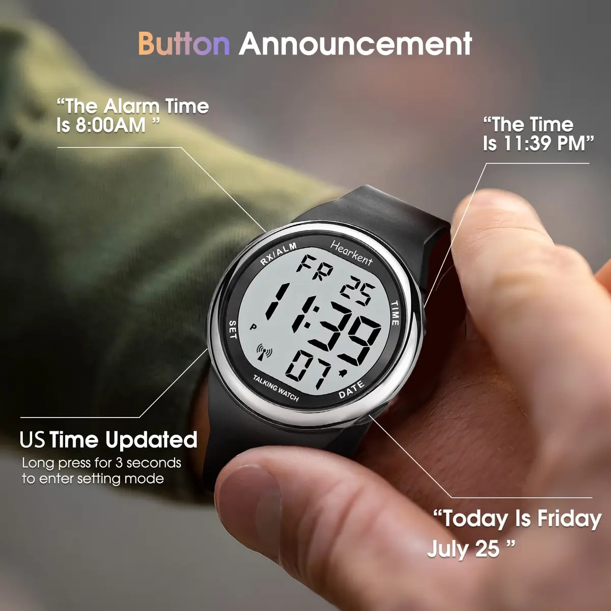 Hearkent Atomic Talking Watch Sets Itself for Visually Impaired or Seniors LCD Big Number Easy-to-Read Talking Watch for Elderly (Silver) | Self-Adjusting Atomic Time - view 2