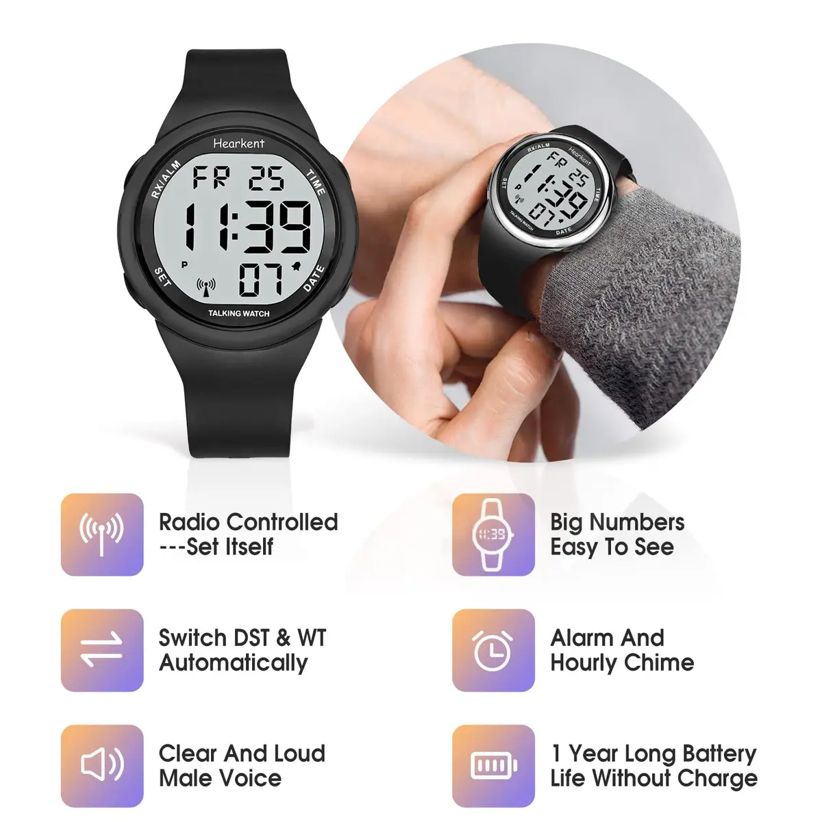 Hearkent Atomic Talking Watch 5.9-9 inch Black Silicone Strap | Self-Setting for Elderly & Visually Impaired - view 3