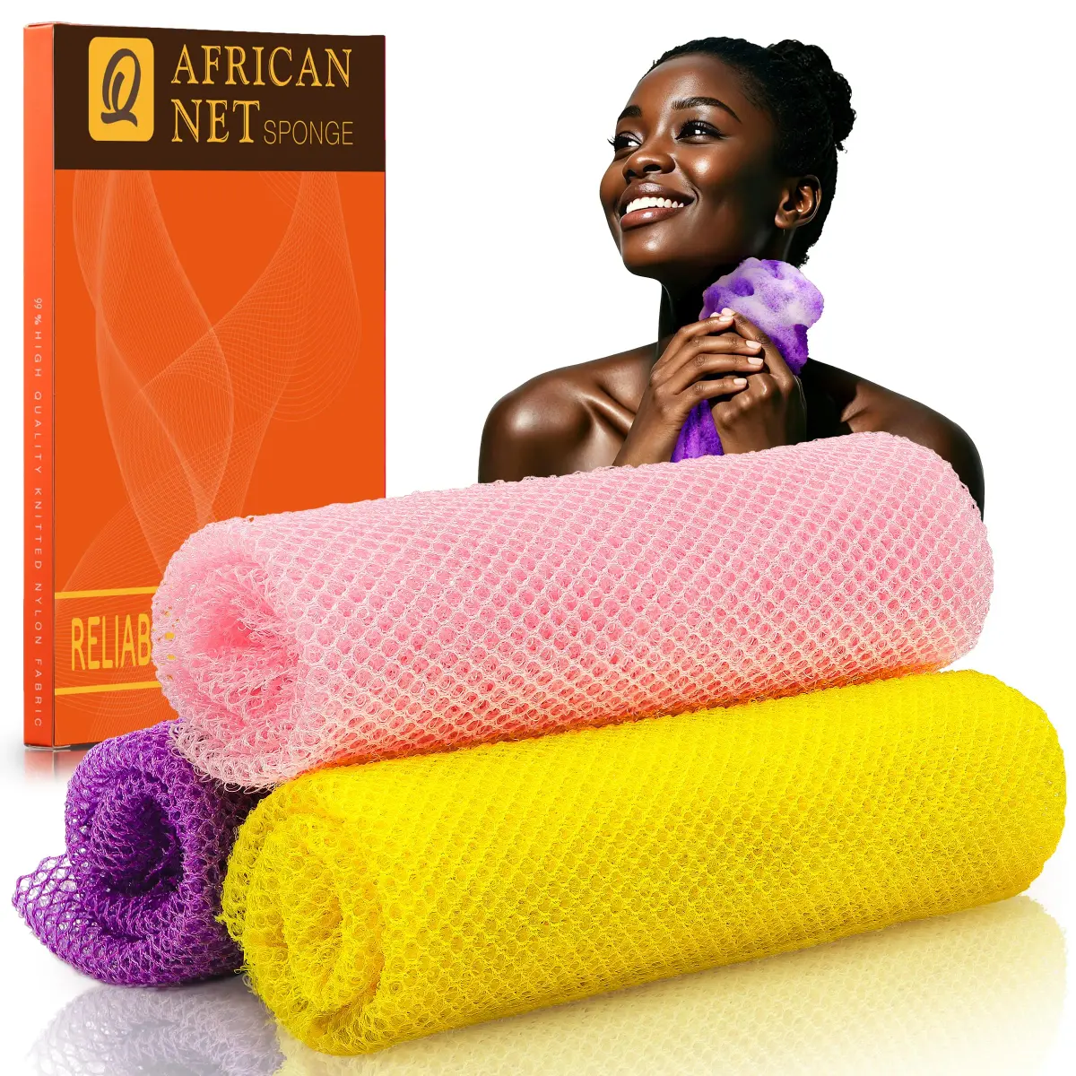 UJFQBH African Net Sponge 3 Pack - Pink, Yellow, Purple | Deep Cleansing & Gentle Exfoliation - main product image
