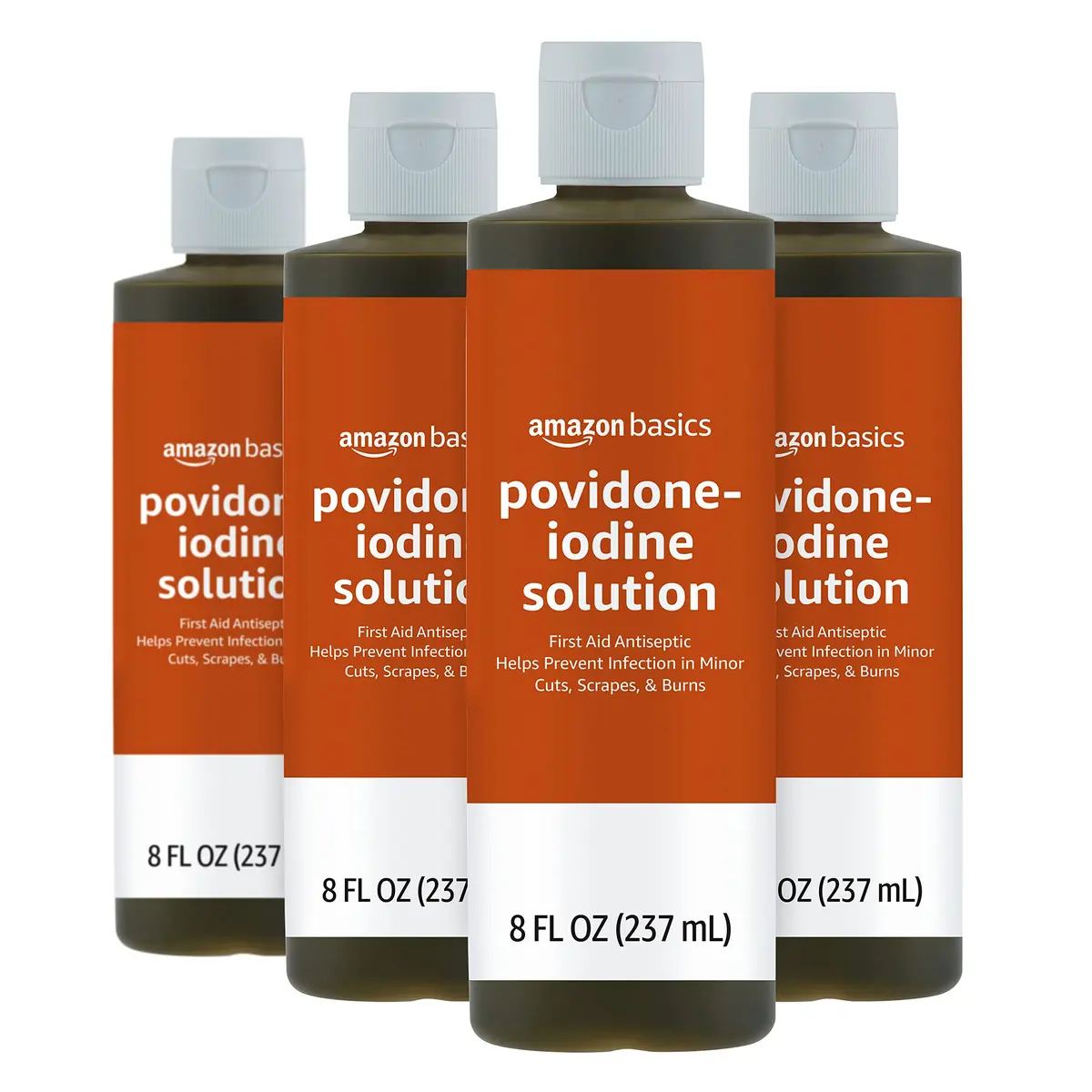 Amazon Basics First Aid Antiseptic Povidone Iodine Solution 10% 236ml (8 Fl Oz) Pack of 4 | Antiseptic for Wounds - main product image