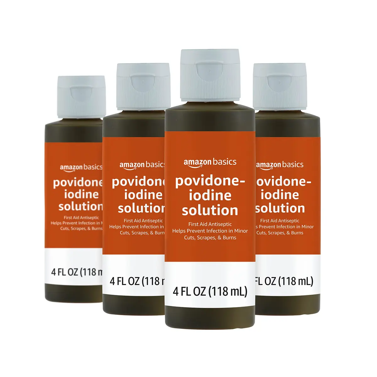 Amazon Basics First Aid Antiseptic Povidone Iodine Solution 10% 156ml (4 Fl Oz, Pack of 4) | Hospital-Grade Wound Care - main product image