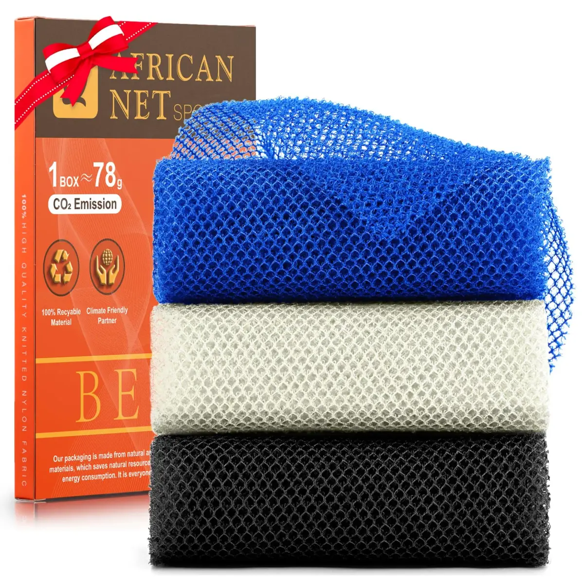 UJFQBH African Net Sponge 3 Pack (Blue, Black, Off-White) | Deep Cleansing & Gentle Exfoliation - main product image