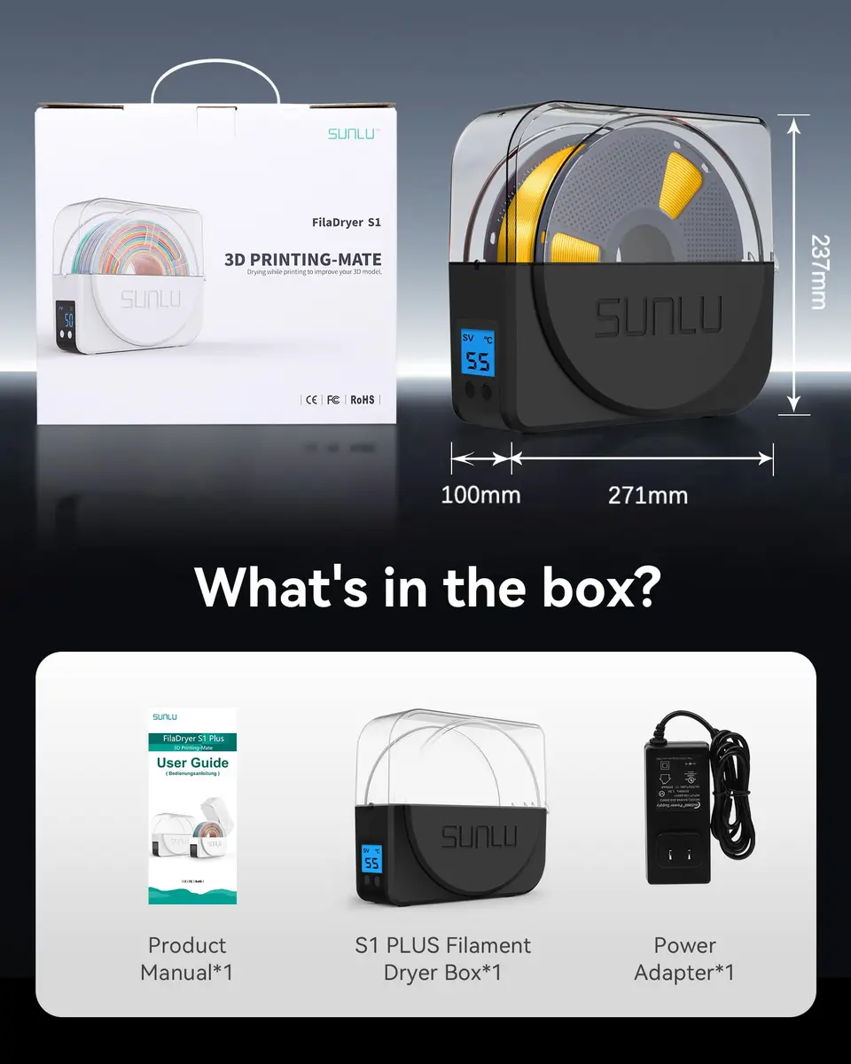 SUNLU Filament Dryer Box S1 Plus Black 27.1cm (10.67in) | Fast Drying with Fan for 1.75-3.00mm Filament - view 9