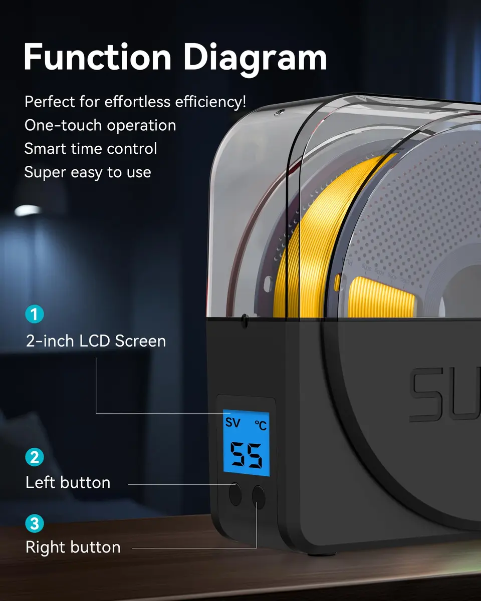 SUNLU Filament Dryer Box S1 Plus Black 27.1cm (10.67in) | Fast Drying with Fan for 1.75-3.00mm Filament - view 4