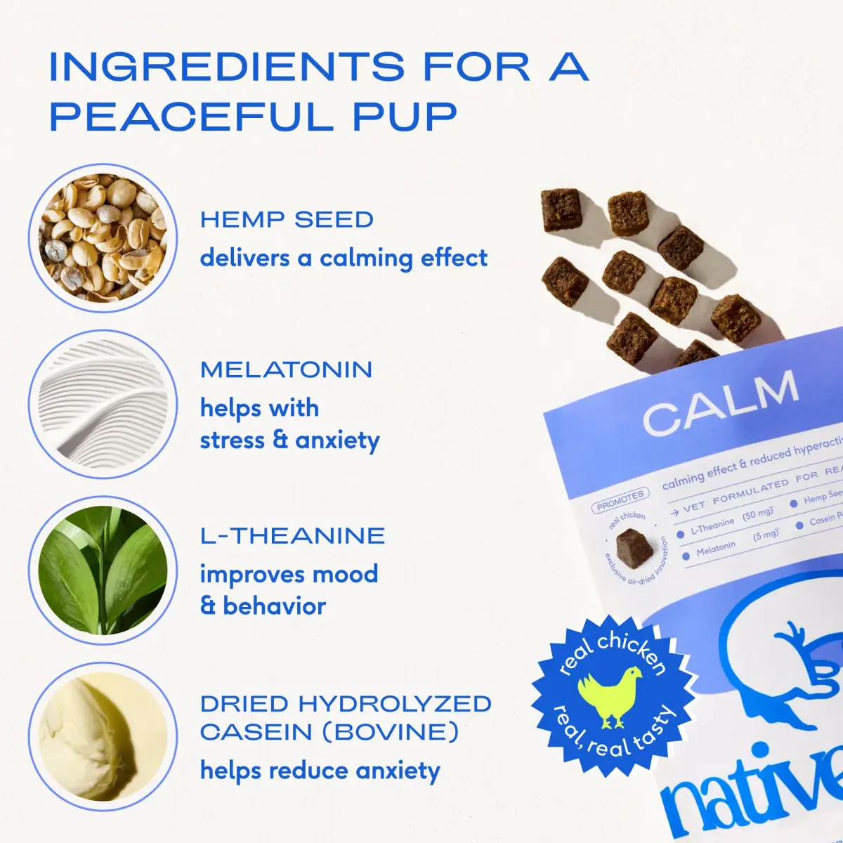 Native Pet Calming Chews for Dogs - Air-Dried Chicken Flavor, 60 Chews | Supports Calmness & Emotional Balance - view 3