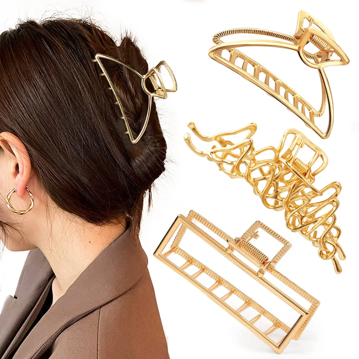 Mehayi 3 PCS Large Gold Metal Hair Claw Clips for Women Girls | Strong Hold for Thick & Thin Hair - main product image