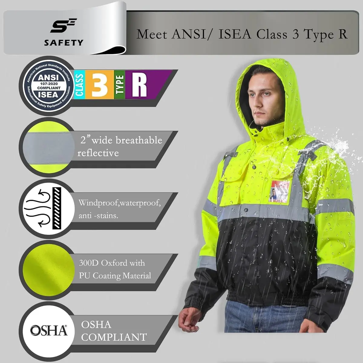 sesafety Reflective Jacket for Men, High Visibility Waterproof Bomber, Class 3 | Safety & Construction Gear - view 3
