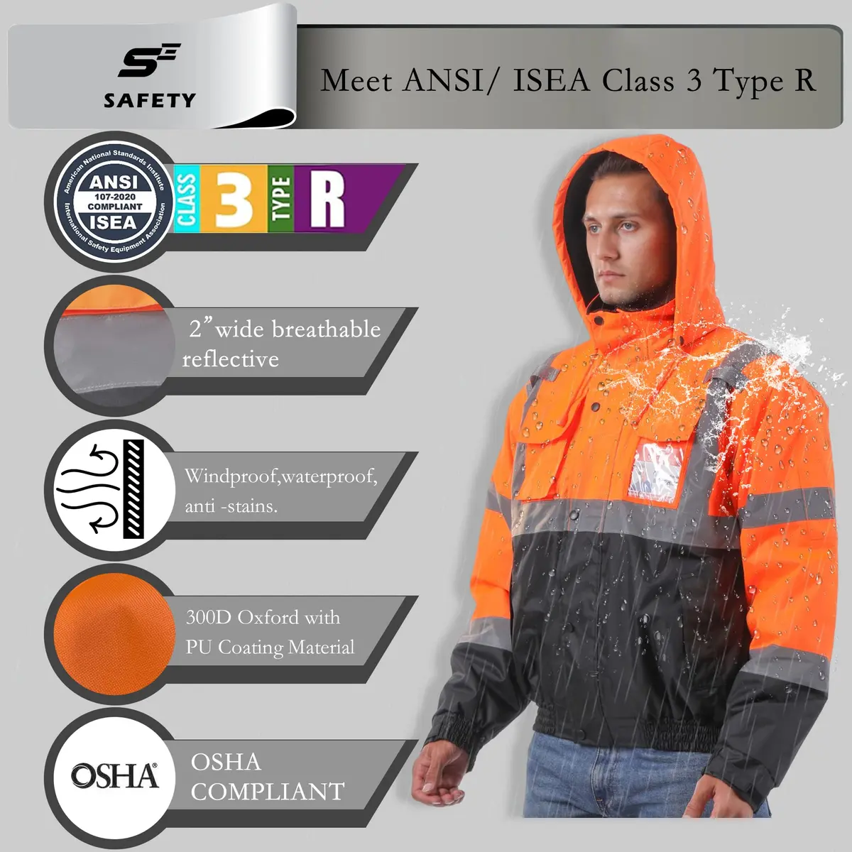 sesafety Reflective Jacket for Men, High Visibility Jackets, Waterproof Class 3 | Safety Bomber with Pockets - view 3