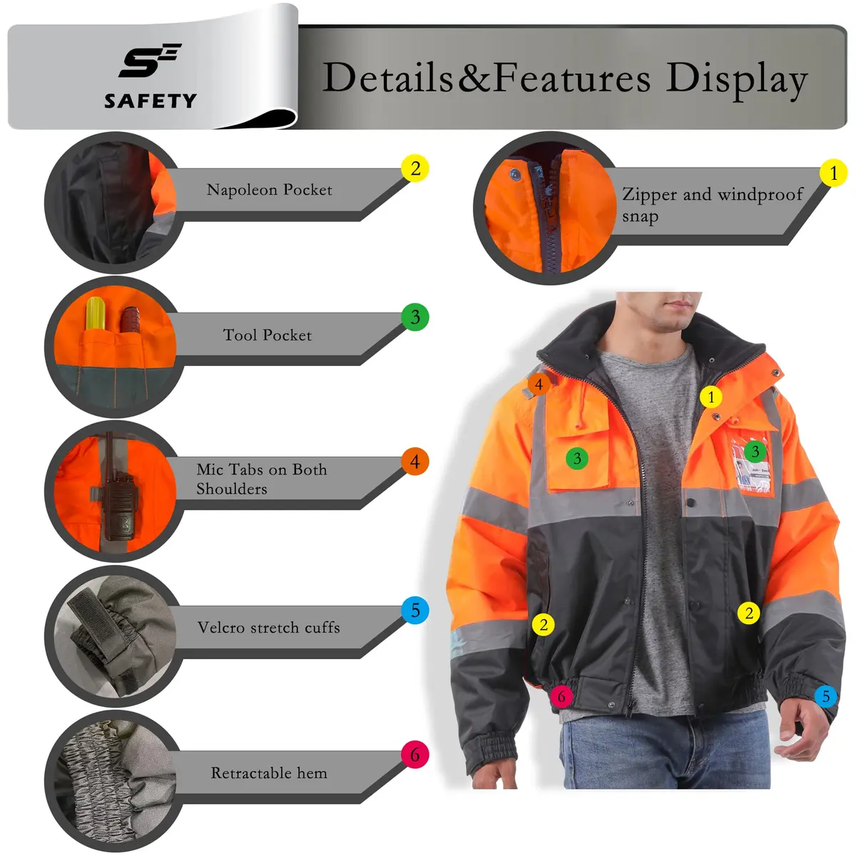 sesafety Reflective Jacket for Men, High Visibility Jackets, Waterproof Class 3 | Safety Bomber with Pockets - view 4