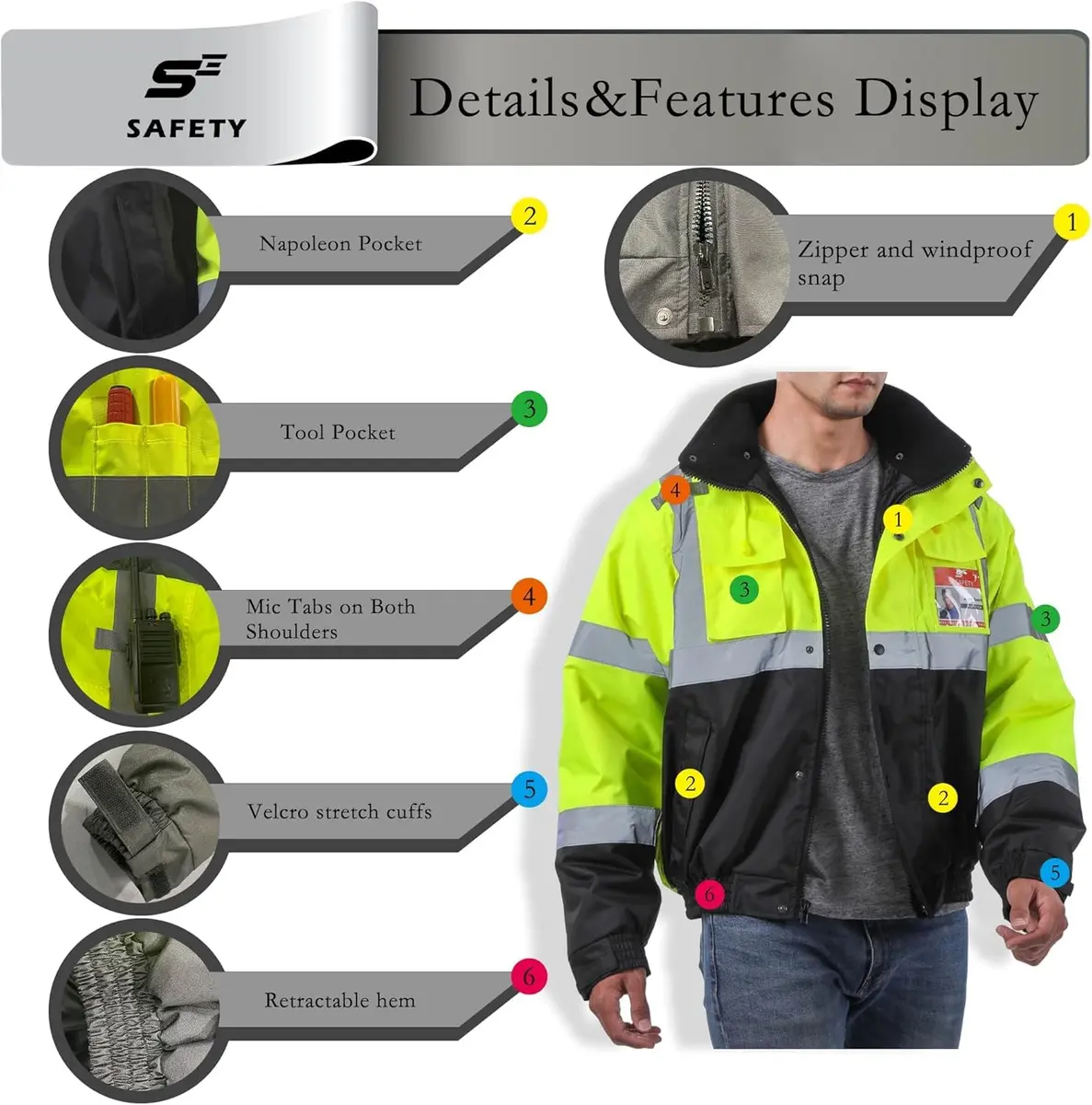 sesafety Reflective Jacket for Men, High Visibility Jackets, Waterproof Safety Bomber Jacket, Class 3 | Waterproof & Reflective - view 3