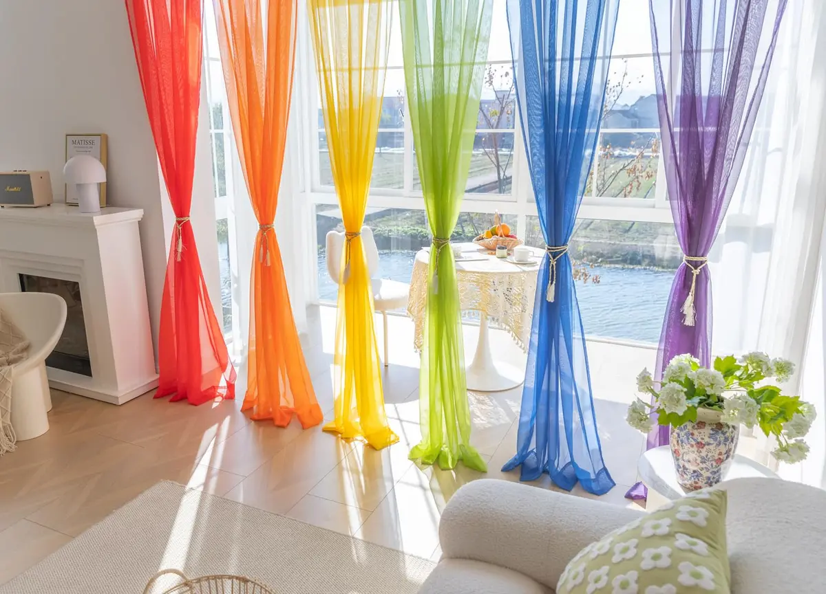 WPM 6 Piece Rainbow Sheer Window Panel Set | Bright Colorful Curtains for Playroom & Nursery (60"W x 45"L) - view 2