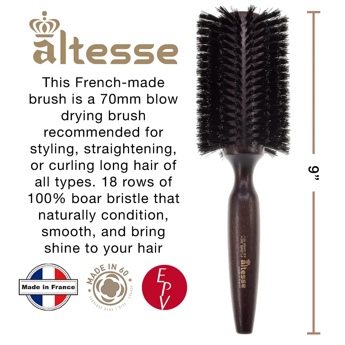 Altesse 2418P Boar Bristle Round Brush 70mm | Handmade French Styling Tool for Long Hair - view 2