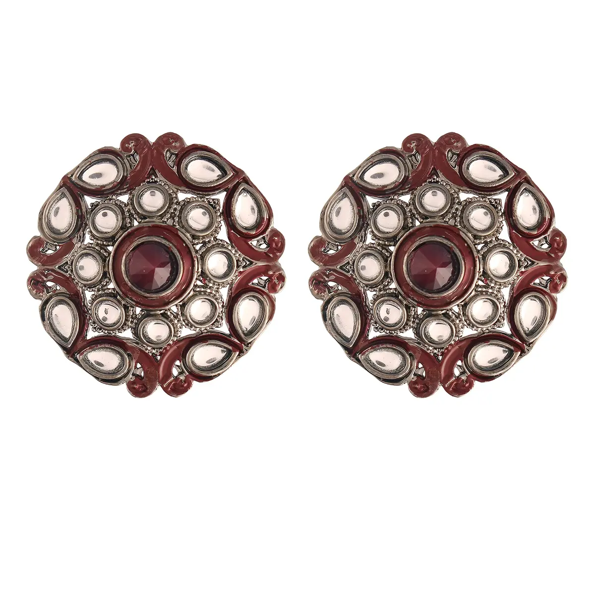 I Jewels Silver Oxidized Kundan Stud Earrings 3.5cm (1.4in) | Meena Work Bollywood Designer for Women - main product image