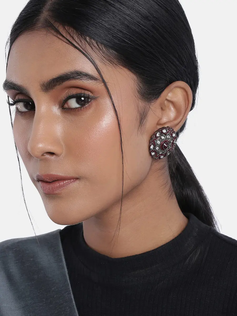 I Jewels Silver Oxidized Kundan Stud Earrings 3.5cm (1.4in) | Meena Work Bollywood Designer for Women - view 2