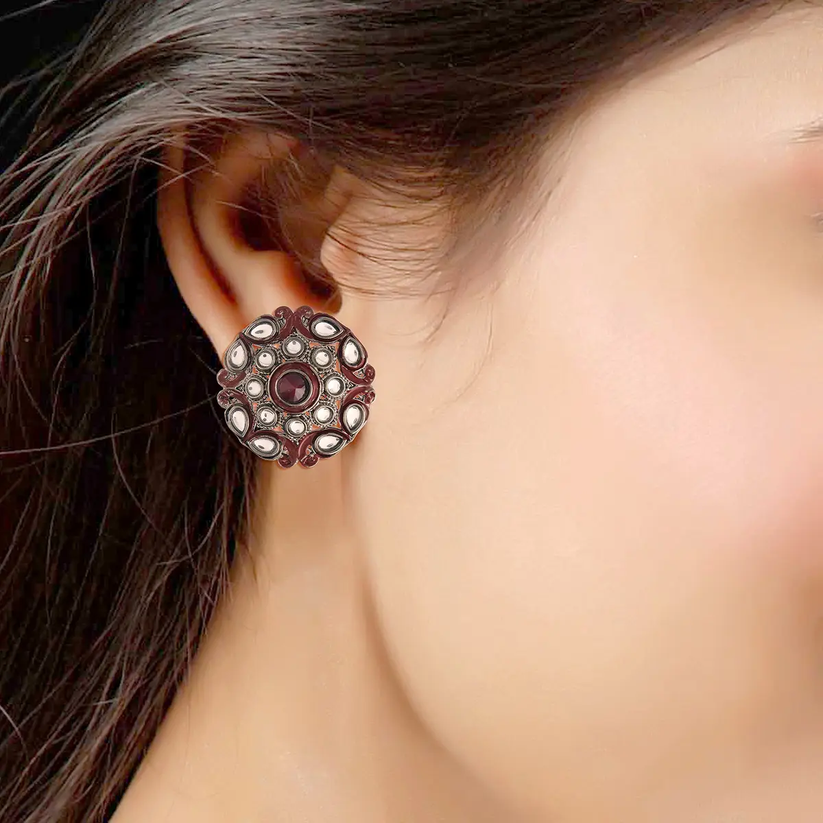 I Jewels Silver Oxidized Kundan Stud Earrings 3.5cm (1.4in) | Meena Work Bollywood Designer for Women - view 3