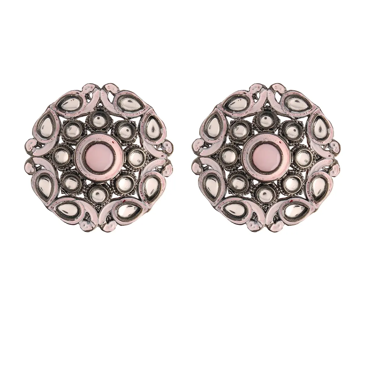 I Jewels Silver Oxidized Kundan Meena Work Circular Stud Earrings for Women | 3.5cm (1.4in) Diameter - main product image