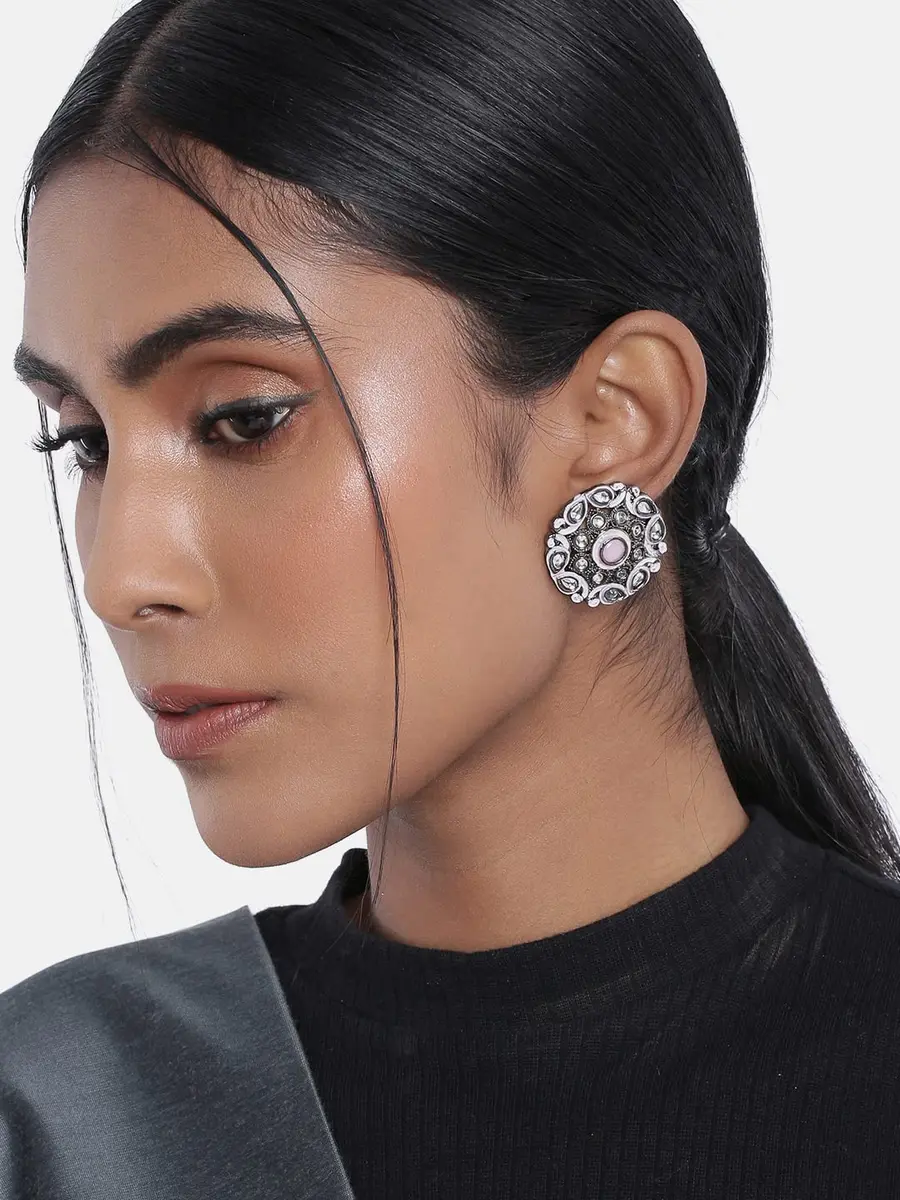 I Jewels Silver Oxidized Kundan Meena Work Circular Stud Earrings for Women | 3.5cm (1.4in) Diameter - view 2