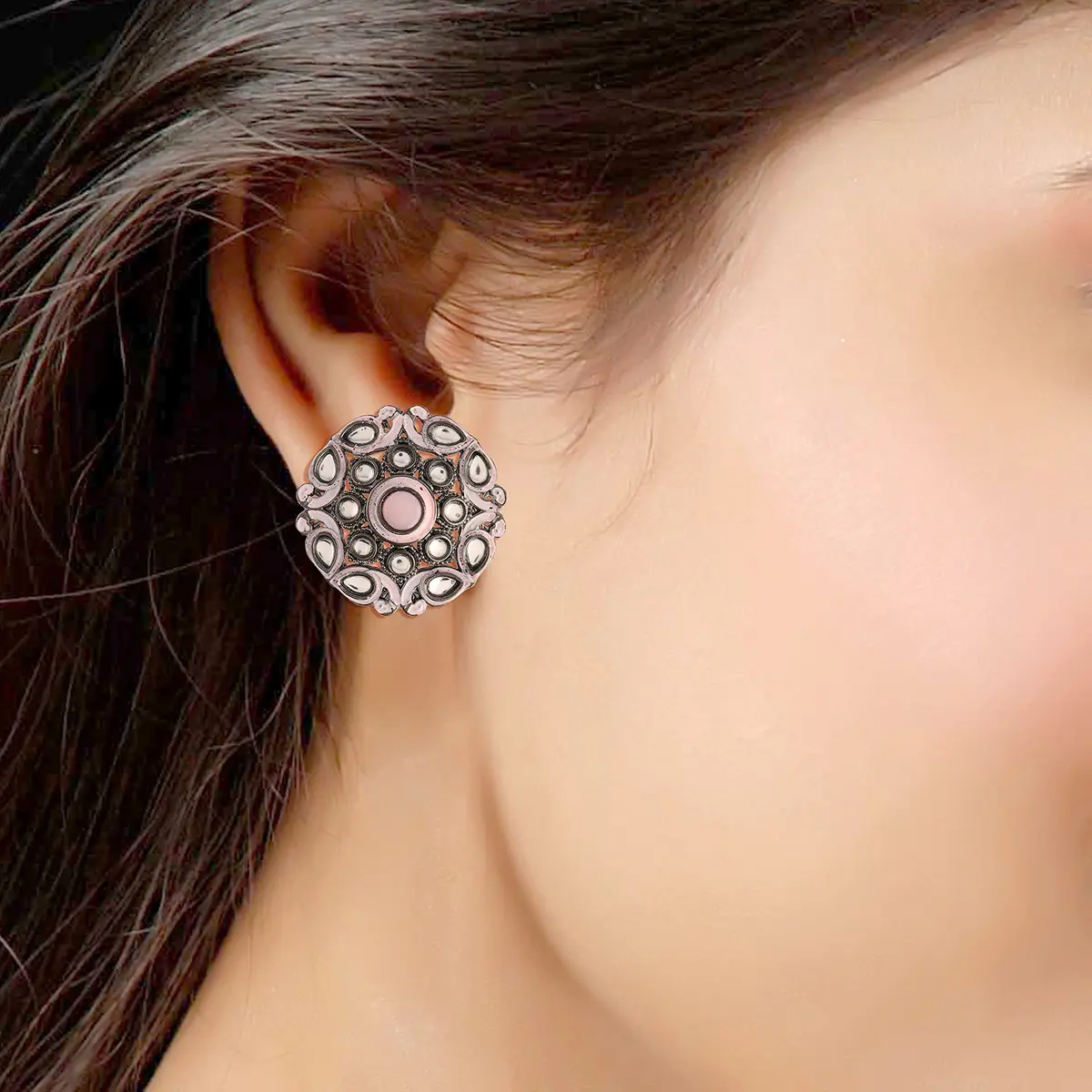I Jewels Silver Oxidized Kundan Meena Work Circular Stud Earrings for Women | 3.5cm (1.4in) Diameter - view 3