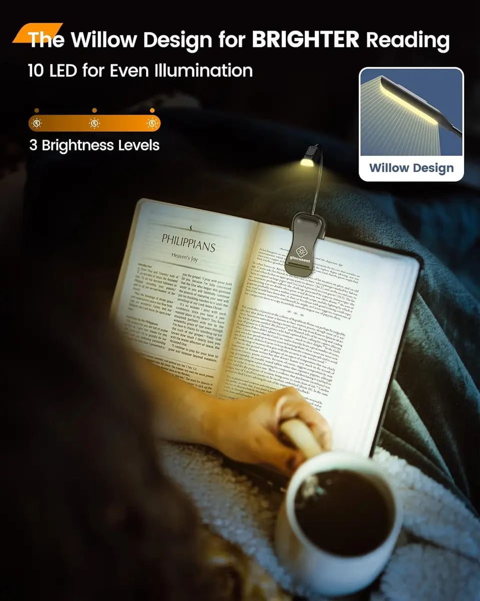 Glocusent Willow Book Light for Reading in Bed, 10 LED Bright Reading Light, 45g (1.4oz) | 3 Color Temps & 3 Brightness Levels - view 2