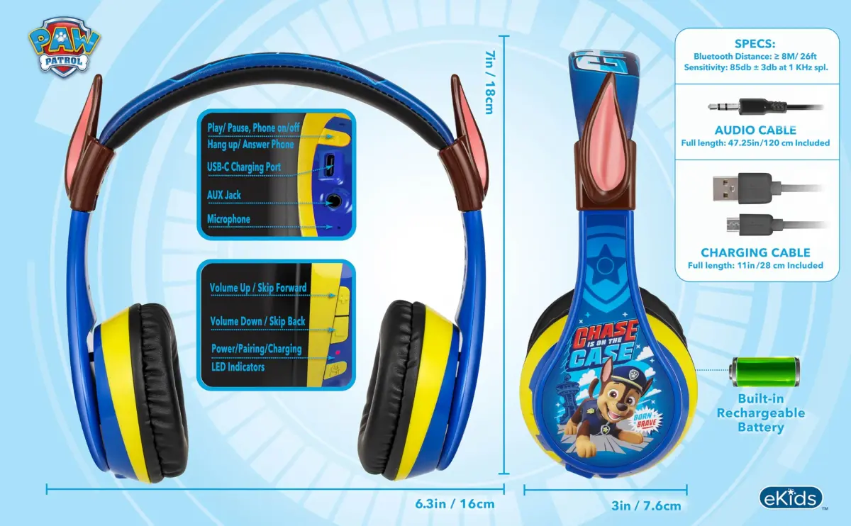 eKids PAW Patrol Chase Bluetooth Headphones for Kids | Kid-Friendly Stereo Sound - view 6