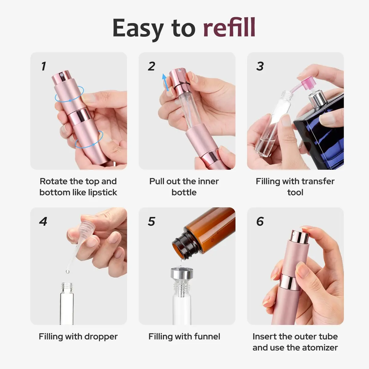 LISAPACK Refillable Perfume Bottle 8ml (0.27 Fl Oz) 3-Pack Pink | TSA Approved Travel Spray Atomizer - view 7