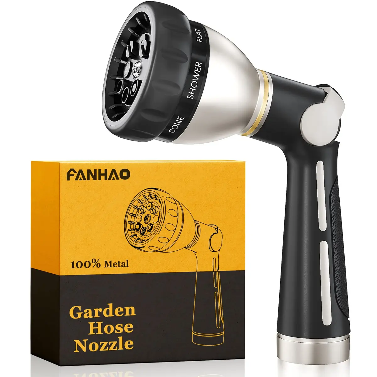 FANHAO Metal Thumb Control Garden Hose Nozzle Heavy Duty, 8 Spray Patterns | Rustproof Zinc Alloy, Ergonomic Grip - main product image