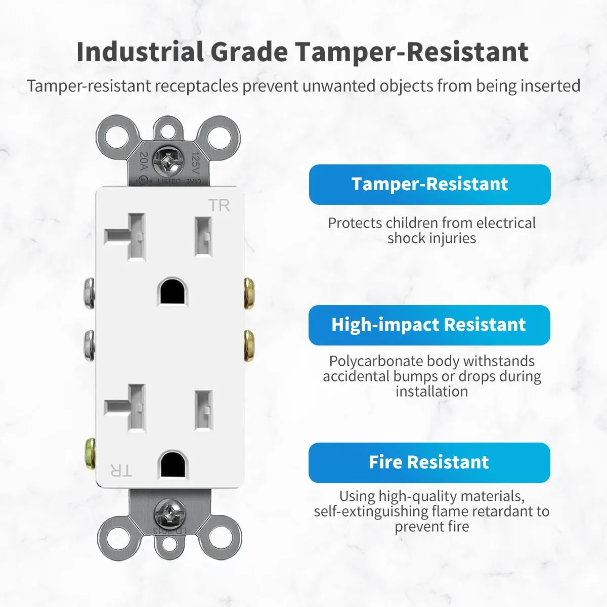 micmi Decorator Receptacle Outlet 20A | Tamper-Resistant UL Listed White - view 3