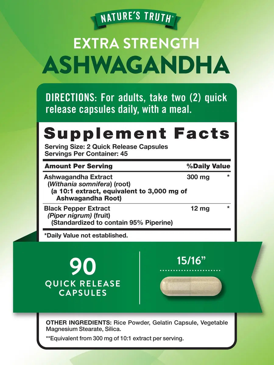 Nature's Truth Ashwagandha Capsules 90 Count | Extra Strength with Black Pepper for Adults - view 2
