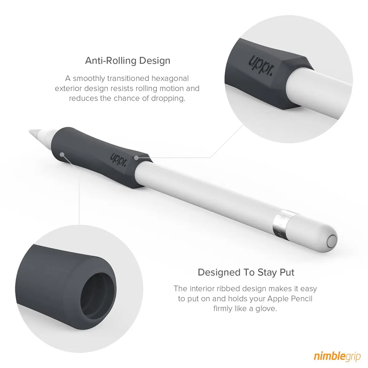 UPPERCASE NimbleGrip Silicone Ergonomic Grip Holder for Apple Pencil (Gray, 1 Pack) | Comfortable, Supportive, Compatible with All Apple Pencil Models - view 3